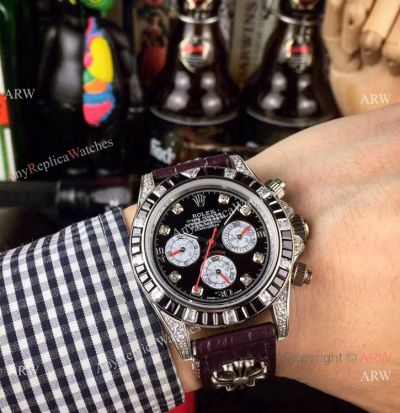 Rolex Daytona Rainbow Replica Automatic Watch Black Dial Purple Leather Strap